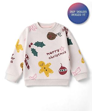 Bonfino Cotton Mix Fleece Knit Oversized Sweatshirt with Full Sleeves and Christmas Print - Pink