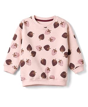 Bonfino Cotton Mix Fleece Knit Oversized Sweatshirt with Full Sleeves & Strawberry Print - Pink
