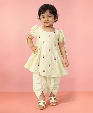 Vastramay Cotton Blend Woven Half
                              Puffed Sleeves Floral Embroidered Kurti
                              & Dhoti Set - Yellow