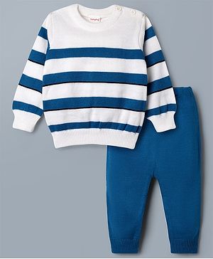 Babyhug Knit Full Sleeves Striped Sweater Set - Blue & White