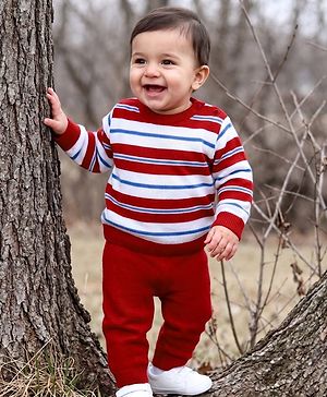 Babyhug Knit Full Sleeves Striped Sweater Set - Rust Orange