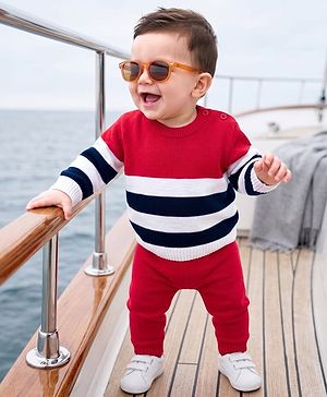Babyhug Knit Full Sleeves Striped Sweater Set - Navy Blue & Red