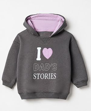 Bonfino Cotton Mix Fleece Knit Oversized Hoodie with Full Sleeves and I Love Dad' Stories Text Print - Grey