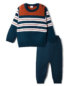 Babyhug Knit Full Sleeves Striped  Sweater Set - Rust & Navy