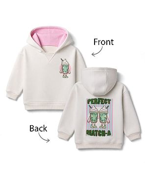 Bonfino Cotton Mix Fleece Knit Oversized Hoodie with Full Sleeves & Matcha Print at Front & Back - Off White
