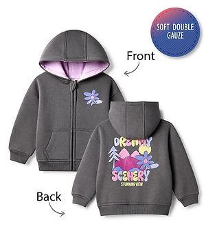Bonfino Cotton Fleece Mixes Knit Hooded Jacket with Kangaroo Pocket & Full Sleeves and Front & Back Landscape Print - Grey