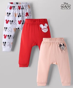 Babyhug Disney 100% Cotton Interlock Knit Full Length Diaper Leggings with Mickey Mouse Print Pack Of 3 - White, Red & Peach