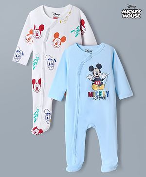 Babyhug Disney 100% Cotton Interlock Knit Full Sleeves Sleep Suits with Mickey Mouse Graphic Print Pack of 2 - White & Light Blue
