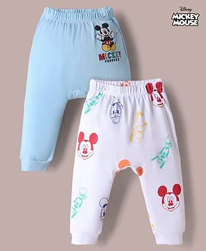 Babyhug Disney 100% Cotton Interlock Knit Full Length Diaper Leggings with Mickey Mouse Print Pack Of 2 - White & Light Blue