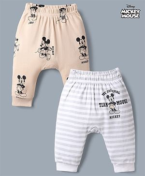 Babyhug Disney 100% Cotton Interlock Knit Full Length Diaper Leggings with Mickey Mouse Graphic Print Pack of 2 - White & Beige