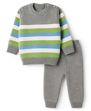 Babyhug Knit Full Sleeves Striped Sweater Set - Light Green & Grey