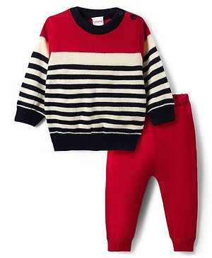 Babyhug Knit Full Sleeves Striped Sweater Set - Navy Blue & Red