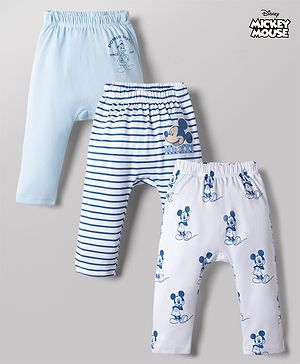 Babyhug Disney 100% Cotton Interlock Knit Full Length Striped Diaper Leggings with Mickey Mouse Graphic Print Pack of 3 - White, Light Blue & Navy Blue