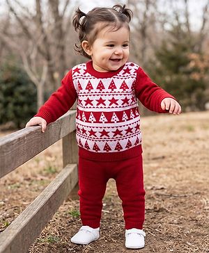 Babyhug Knit Full Sleeves Christmas Theme Printed Sweater Set - Red