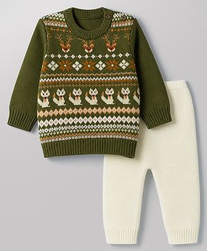 Babyhug  Knit Full Sleeves Sweater Set with Animal Design - Green