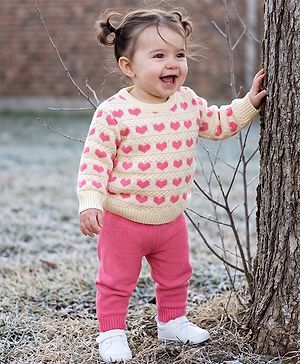 Babyhug Knit Full Sleeves Sweater Set With Hearts Design - Pink