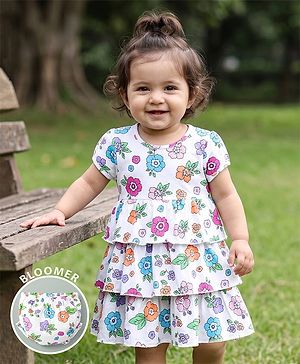 Babyhug Single Jersey Knit Half Sleeves Floral Printed Layered Frock With Bloomer - White