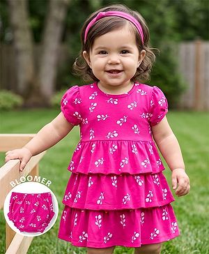 Babyhug Single Jersey Knit Half Sleeves Floral Printed Layered Frock With Bloomer - Pink