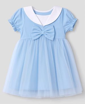 Babyhug Single Jersey Knit Half Sleeves One Piece Dress with Bow Applique - Blue