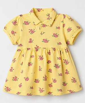 Babyhug Cotton Knit One Piece Dress with Half Sleeves and Floral Print in Yellow for 6-9 Months