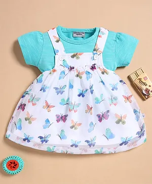 Wonderchild Half Sleeves
                                  Butterfly Printed Pinafore Dress With
                                  Half Sleeves Solid Tee - Green