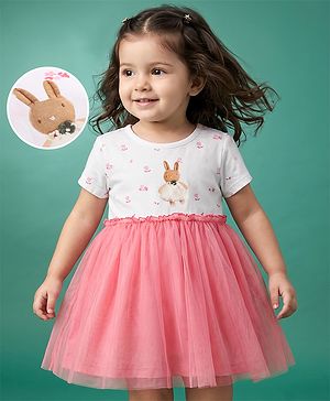 Babyhug Cotton Knit Half Sleeves Frock With Rabbit Applique in Pink