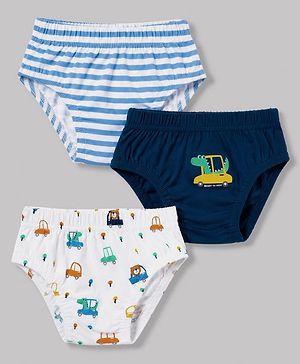 Babyhug 100% Cotton Single Jersey Knit Striped Antibacterial Briefs With Vehicle Print Pack of 3 - Multicolor