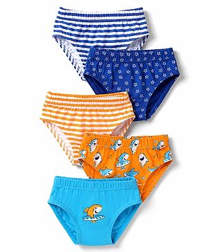Babyhug 100% Cotton Knit Striped & Sea Life Printed Anti Bacterial Briefs Pack Of 5 - Light Blue Orange & Light Blue