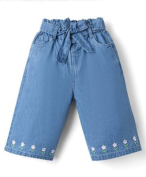 Babyhug 100% Cotton Denim Ankle Length Capris With Floral Embroidery - Blue