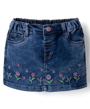 Babyhug Denim Mid Thigh Skirts with Floral Embroidery - Blue