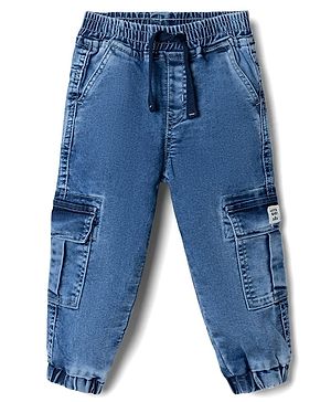 Babyhug Denim Full Length Washed Jeans With Stretch & Cargo Pockets - Blue