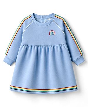 Bonfino Cotton Mix Knit Full Sleeves Winter Frock With Rainbow Embroidery in Blue