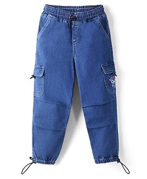 Babyhug Cotton Mixes Denim Jeans with Stretch and New York Bow Print and Cargo Pockets in Blue