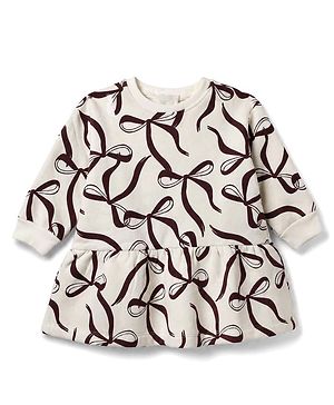 Bonfino Knit Winter Frock with Full Sleeves and Bow Print in White