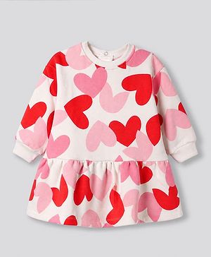 Bonfino Knit Winter Frock with Full Sleeves and Hearts Print in Pink for 6-9 Months