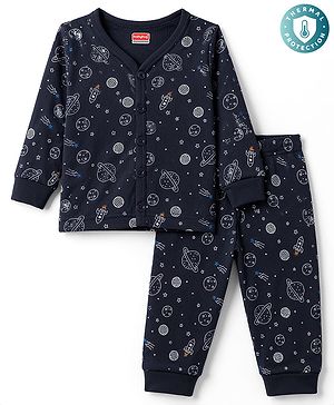 Babyhug Knit Full Sleeves Space Theme Printed Thermal Inner Wear Set - Navy