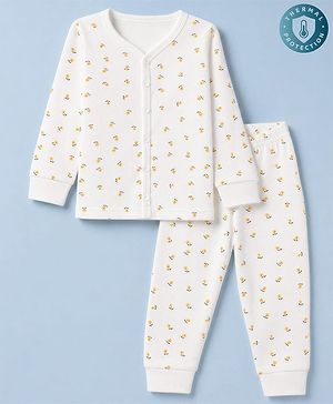 Babyhug Knit Full Sleeves Floral Printed Co-Ords Thermal Inner Wear Set - OffWhite