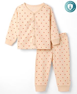 Babyhug Knit Full Sleeves Front Open Thermal Inner Wear Set with star Print - Light Peach