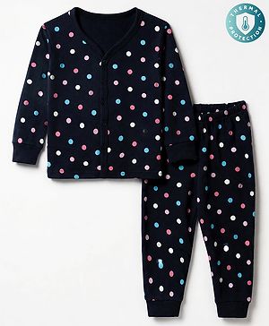Babyhug Cotton Mix Knit Vest & Pant Thermal Set with Polka Dots in Navy Blue