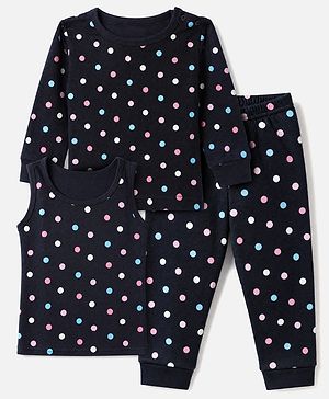 Babyhug Cotton Mixes Knit Half Sleeves Vest, Full Sleeve Pullover & Legging Thermal Set with Polka Dots Print - Navy Blue