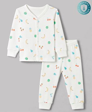 Babyhug Knit Full Sleeves Tropical Theme Printed Co-Ords Thermal Inner Wear - OffWhite