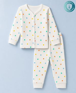 Babyhug Knit Full Sleeves Star Printed Co-Ords Vest & Pyjama Thermal Inner Wear Set - OffWhite