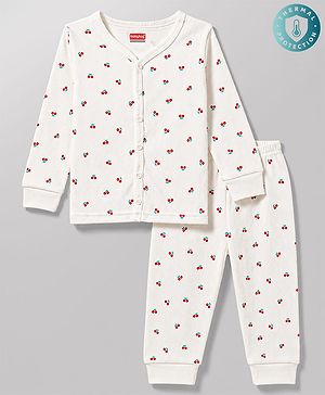 Babyhug Knit Full Sleeves Berry Printed Co-Ords Thermal Inner Wear Set -Off White