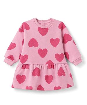Bonfino Cotton Mix Knit Oversized Winter Frock with Full Sleeves and Hearts Print in Pink