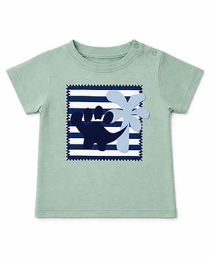 nuberry Cotton Woven Half Sleeves Striped & Dinosaur Printed Tee - Mint Green