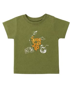 nuberry Cotton Woven Half Sleeves Sunny Side Up Text Printed Tee - Olive Green