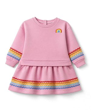 Bonfino Cotton Fleece Knit Oversized Dress with Full Sleeves and Rainbow Print - Pink