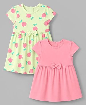 Babyhug Cotton Knit Half Sleeves Frocks with Floral Print Pack of 2 - Lemon Yellow & Pink