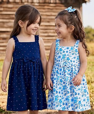 Babyhug Single Jersey Knit Sleeveless Polka Dots & Floral Printed Frocks With Bow Applique Pack Of 2 - Navy Blue & Light Blue