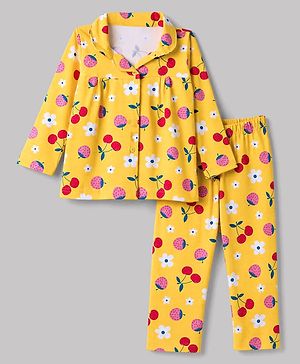 Babyhug 100% Cotton Knit Full Sleeves Co-Ords Shirt & Pyjama Night Suit with Floral & Tropical Print - Yellow